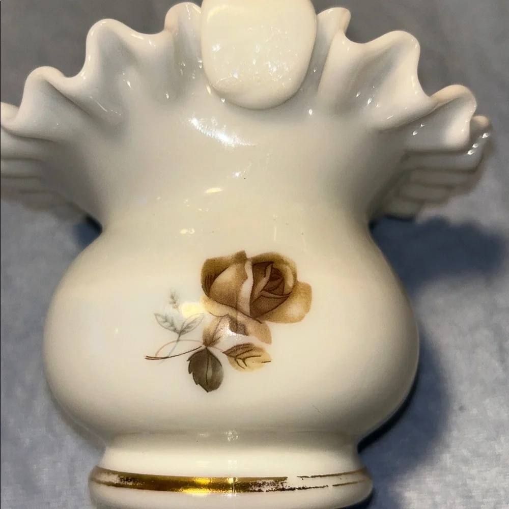 Fenton Hand Painted Rose Ruffle Basket White Glass Faded Gold Trim